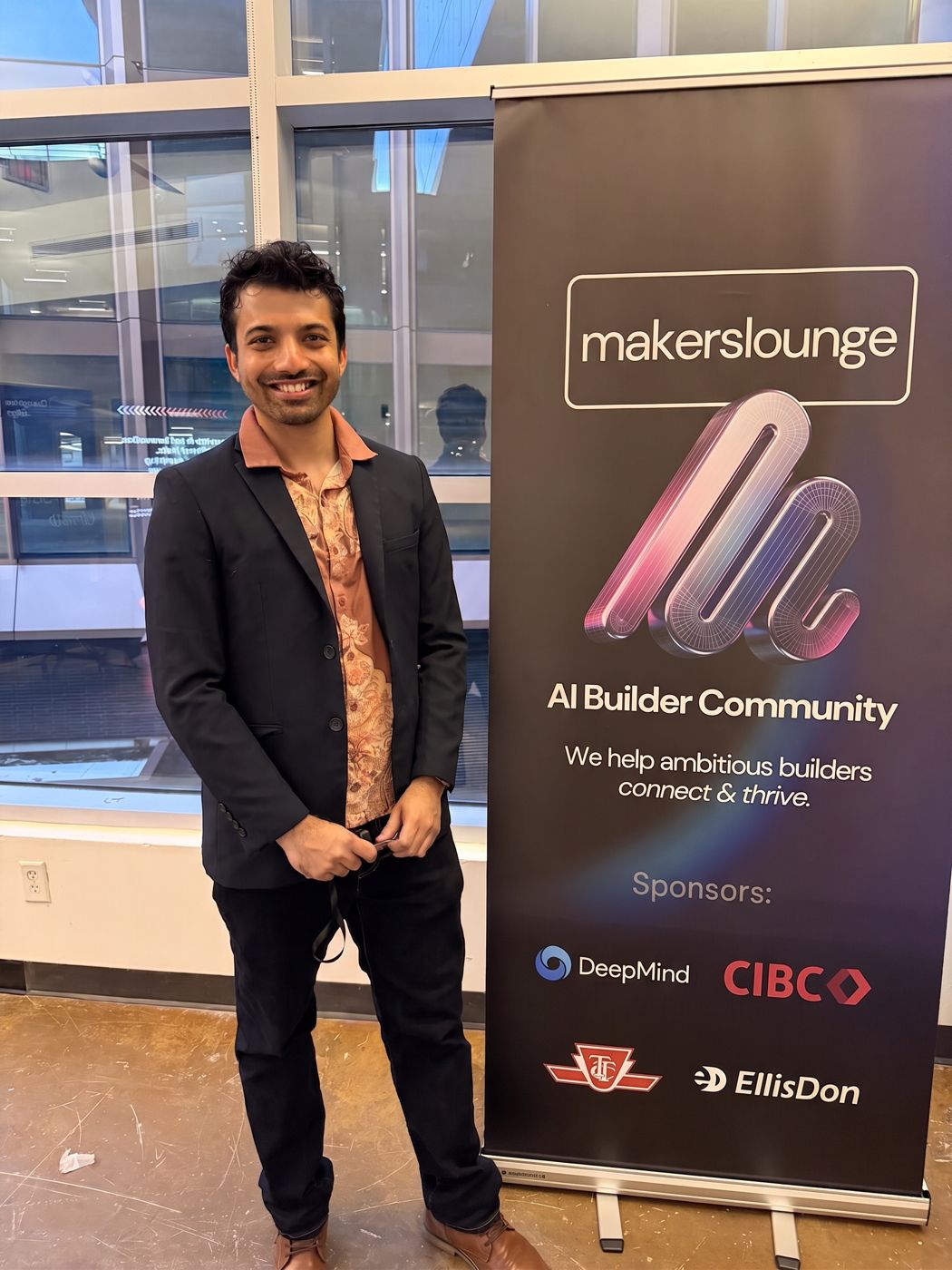 Ashish Dsa in a blazer beside the MakersLounge AI Builder Community banner listing DeepMind, CIBC, TTC and EllisDon as sponsors